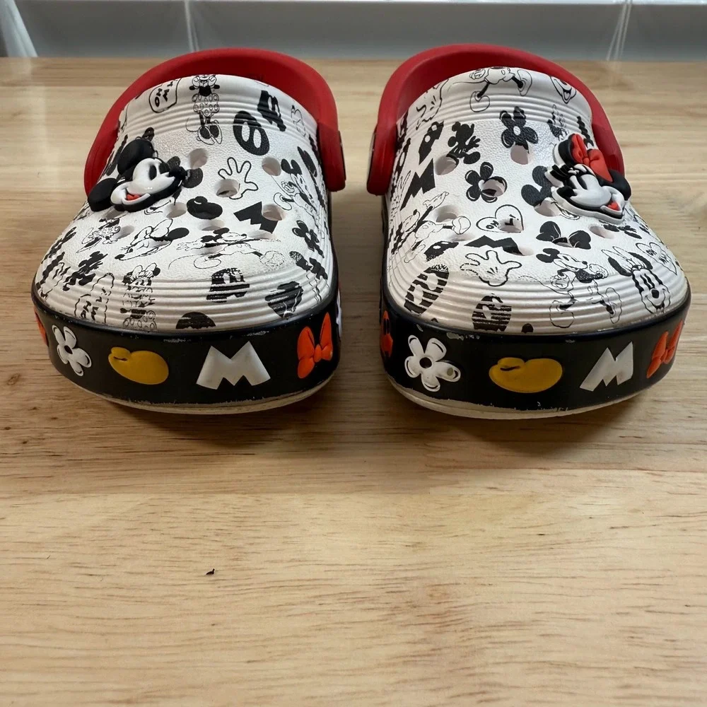CROCS Kids White Black Mickey & Minnie Character Clogs with Red Strap